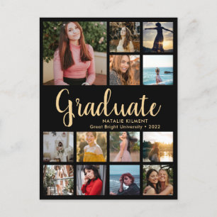 Carte Postale Faire-part Graduate 14 Photo Collage Black & Gold Graduation