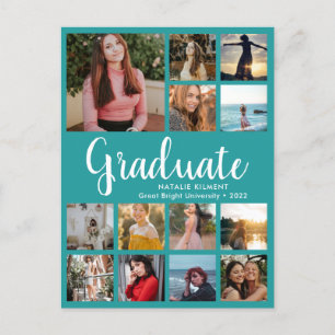 Carte Postale Faire-part Graduate 14 Photo Collage Turquoise & blanc Gradua