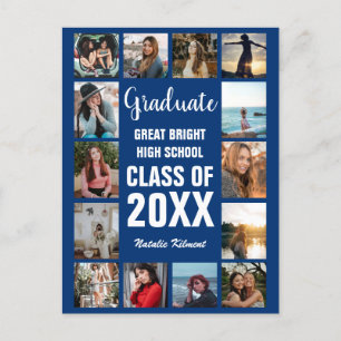 Carte Postale Faire-part Graduate moderne 14 Photo Collage Bleu Graduation