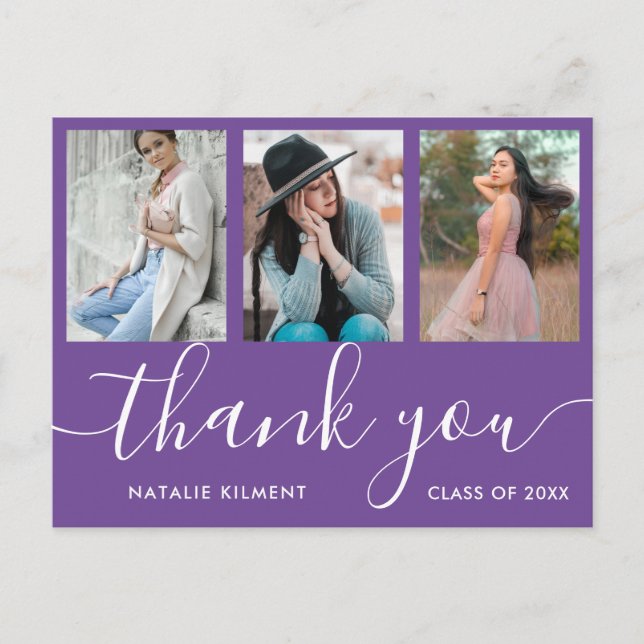 Carte Postale Faire-part Graduation Photo Collage Purple Merci Postcard (Devant)