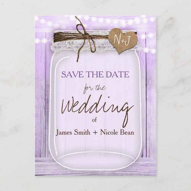 Carte Postale Faire-part Grand Mason Jar Lavender Purple Enregistrer la dat (Devant)