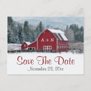 Carte Postale Faire-part Grange rouge en mariage hivernal Enregistrer la da