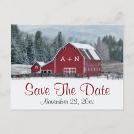 Carte Postale Faire-part Grange rouge en mariage hivernal Enregistrer la da