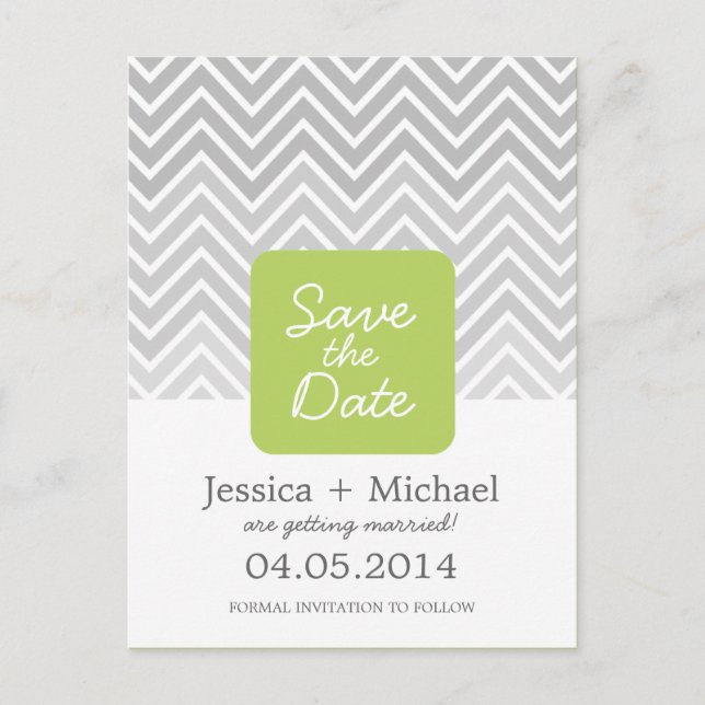 Carte Postale Faire-part Green Grey Ombre Chevron Mariage Enregistrer La Da (Devant)