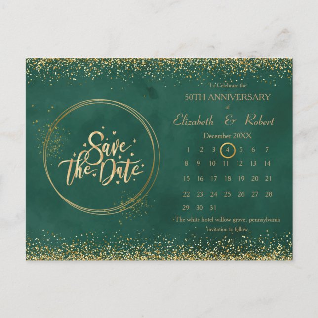 Carte Postale Faire-part Green & Parties scintillant 50e anniversaire Calen (Devant)