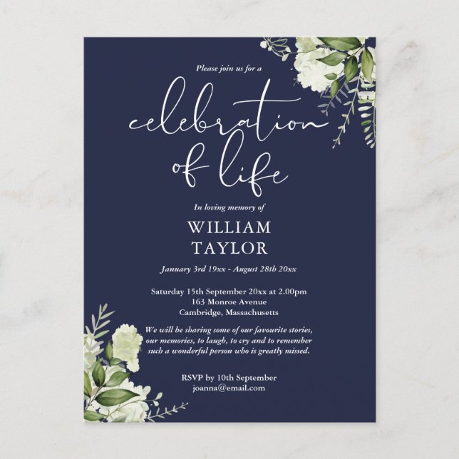 Carte Postale Faire-part Greenery Navy Blue Celebration of Life Memorial (Devant)