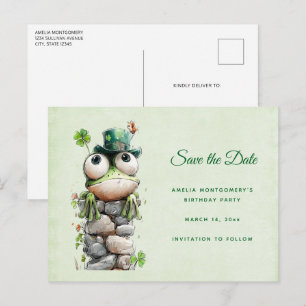Carte Postale Faire-part Grenouille avec chapeau vert et trèfle mignonne