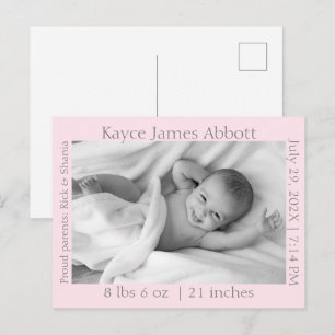 Carte Postale Faire-part Gris moderne sur Pastel Pink Baby