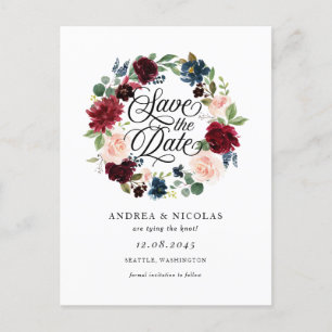 Carte Postale Faire-part Guirlande de Bourgogne et de fleurs bleues Enregis