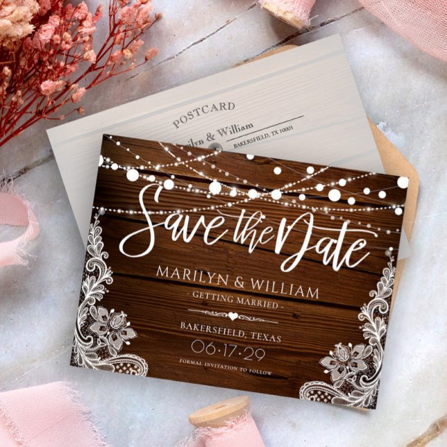 Carte Postale Faire-part Guirlande de lumières en bois rustique Mariage Enr (Créateur téléchargé)