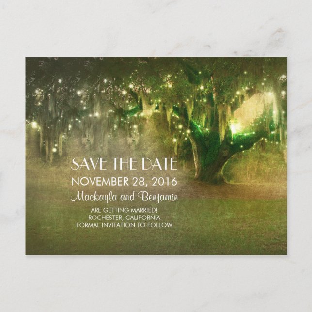 Carte Postale Faire-part guirlande lumineuse chêne rustique save the date (Devant)
