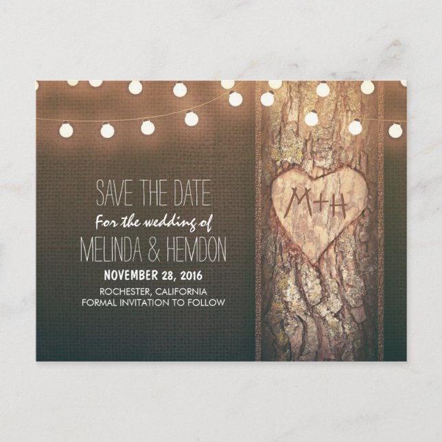 Carte Postale Faire-part Guirlande lumineuse coeur sculpté rustique save th (Devant)