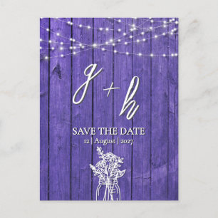 Carte Postale Faire-part Guirlande lumineuse en bois rustique violet Bohème