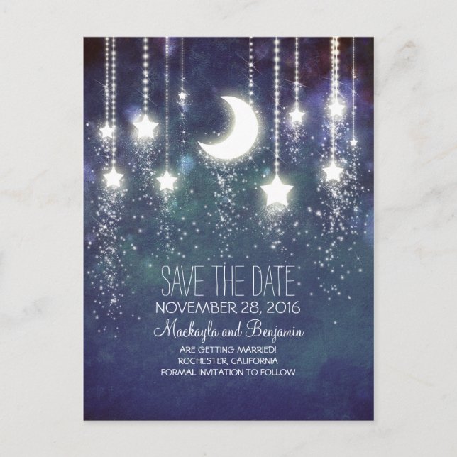 Carte Postale Faire-part guirlande lumineuse lune étoiles romantique save t (Devant)