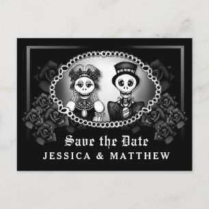 Carte Postale Faire-part Halloween Mariage noir blanc Skeletons amusants