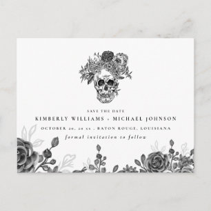 Carte Postale Faire-part Halloween Rose et crâne Enregistrer la date