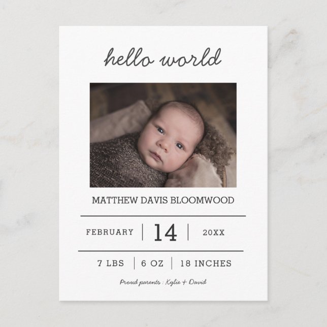 Carte Postale Faire-part Hello World | Photo de nouveau-né (Devant)