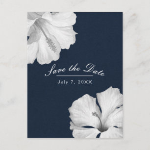 Carte Postale Faire-part Hibiscus blanc bleu tropical Enregistrer la date