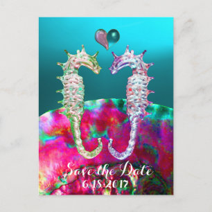 Carte Postale Faire-part HIPPOCAMPES AMOUREUX, NACRE BLEU ROSE, Save the Da