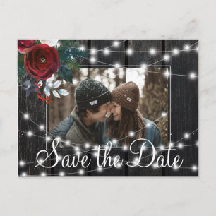 Carte Postale Faire-part Hiver grange rustique bois photo enregistrer date 
