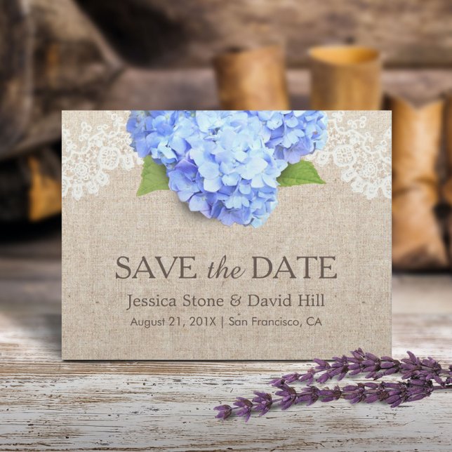 Carte Postale Faire-part Hydrangea Bleu Rustique Dentelle & Toile Save the  (Créateur téléchargé)