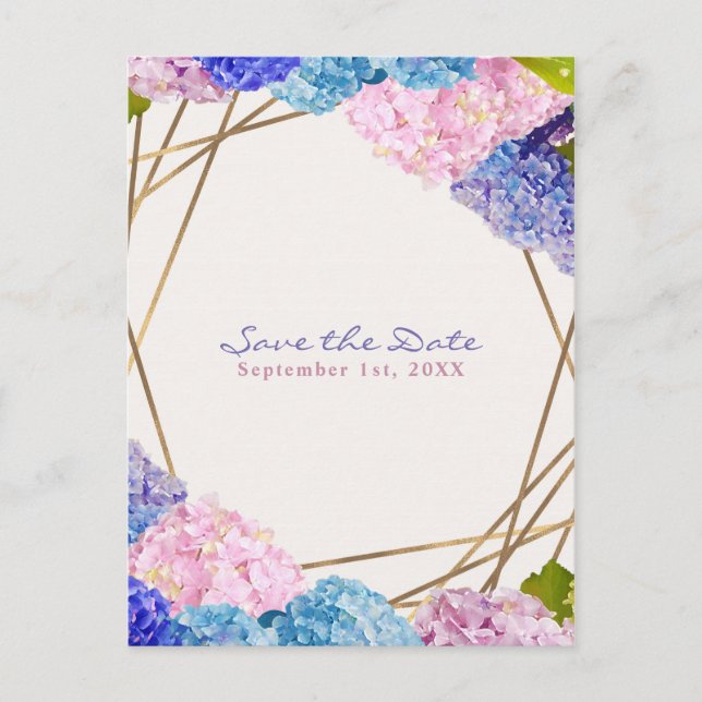 Carte Postale Faire-part Hydrangea Flowers & Gold Spring Enregistrer la dat (Devant)