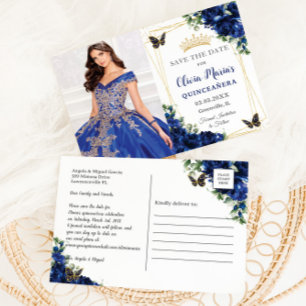 Carte Postale Faire-part Image de papillons de Quinceañera floraux bleu roy