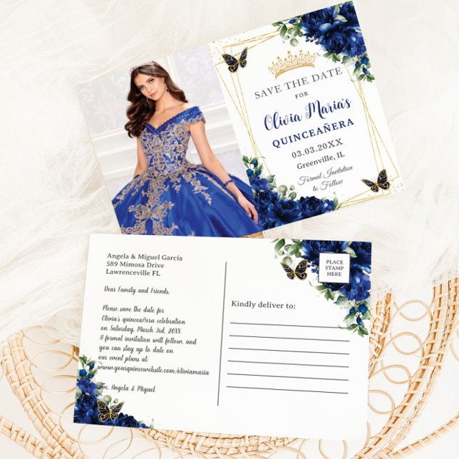 Carte Postale Faire-part Image de papillons de Quinceañera floraux bleu roy (Créateur téléchargé)