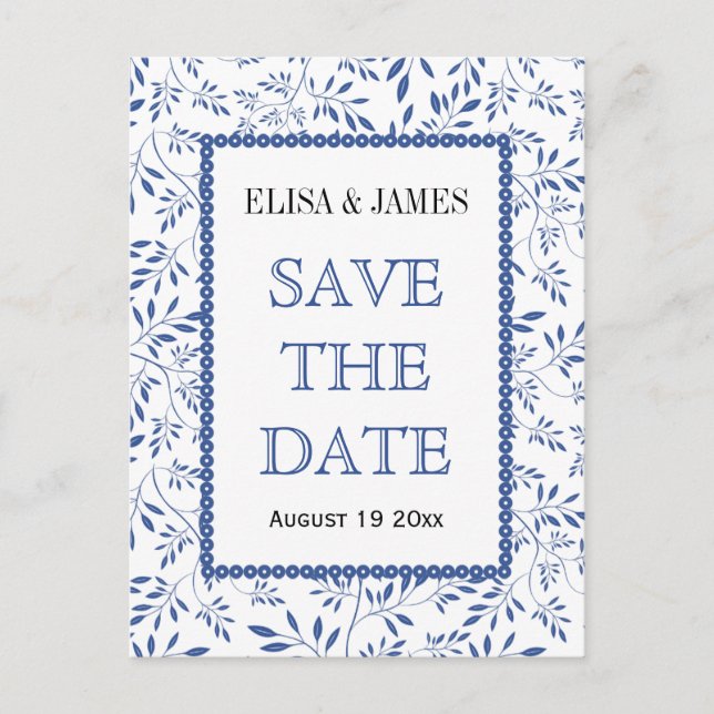 Carte Postale Faire-part Indigo blue mariage motif feuille Enregistrer la d (Devant)