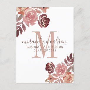 Carte Postale Faire-part Infirmière diplômée Monogramme rose Bourgogne Flor