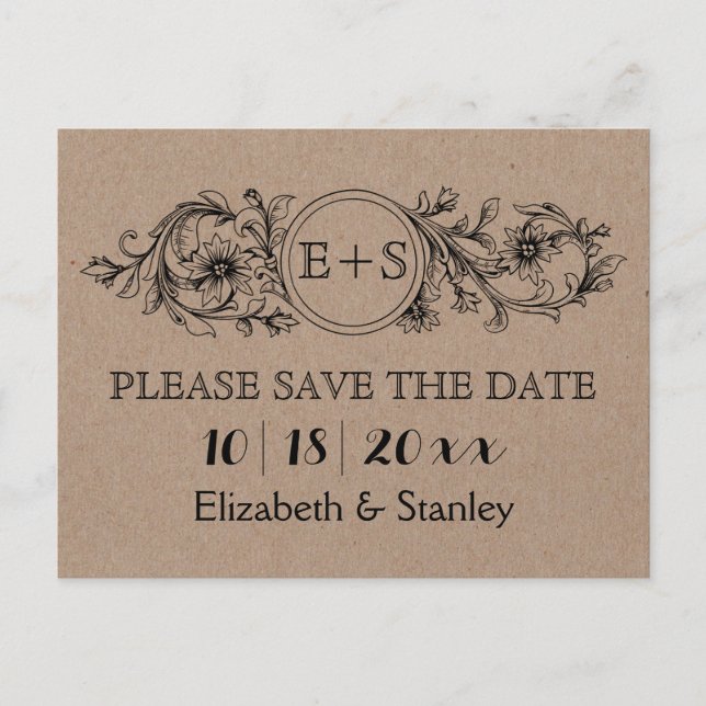 Carte Postale Faire-part Initiales en carton kraft mariage Save the Date (Devant)