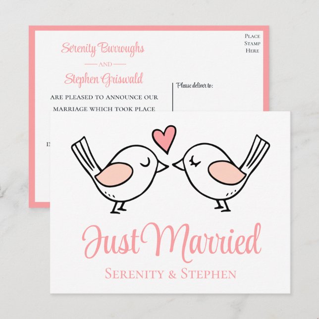 Carte Postale Faire-part Inséparables Amour Rose Oiseaux Mariés Mariage  (Devant / Derrière)