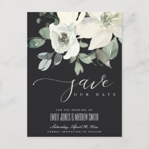 CARTE POSTALE FAIRE-PART IVOIRE BLANC FLEURIS DOUX NOIR ÉCONOMISEZ LA DATE