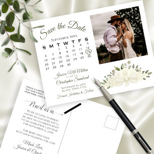 Carte Postale Faire-part Ivory White Floral Photo & Calendrier Enregistrer 