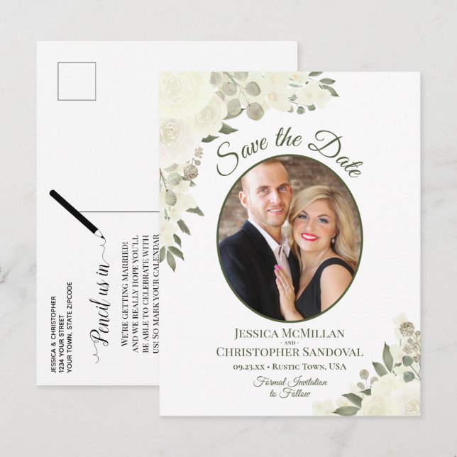 Carte Postale Faire-part Ivory White Roses Ovale Photo Mariage Enregistrer  (Devant / Derrière)