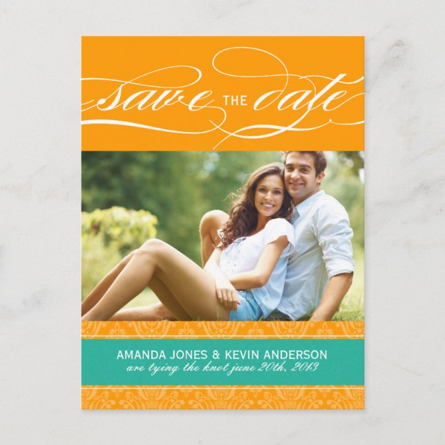 Carte Postale Faire-part Jade et Orange Damassé Save the Date (Devant)