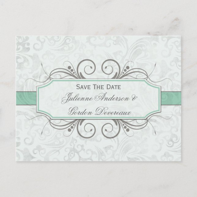 Carte Postale Faire-part Jade grisé et damas gris Save The Date (Devant)