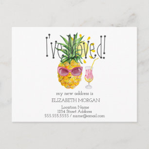 Carte Postale Faire-part J'ai bougé, Ananas, Soleil, Cocktail Nouvelle adre
