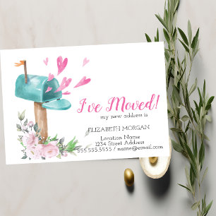Carte Postale Faire-part J'ai déménagé,Aquarelle Roses Boîte aux lettresCœu