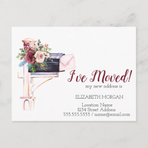 Carte Postale Faire-part J'ai déménagé, Aquarelle Roses Fleurs Boîte aux Le