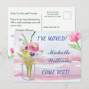 Carte Postale Faire-part J'ai déménagé Classique Floral aquarelle Déplaceme