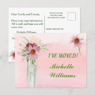 Carte Postale Faire-part J'ai déménagé Élégant floral rose Budget Déménagem