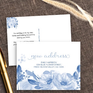 Carte Postale Faire-part J'ai déménagé en aquarelle bleue florale Nouvelle