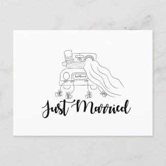 Carte Postale Faire-part Jeune couple marié dans une voiture, dessin à main