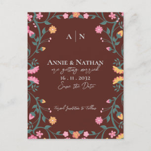 Carte Postale Faire-part Joli beau Mariage de cadre fleuri rose jaune