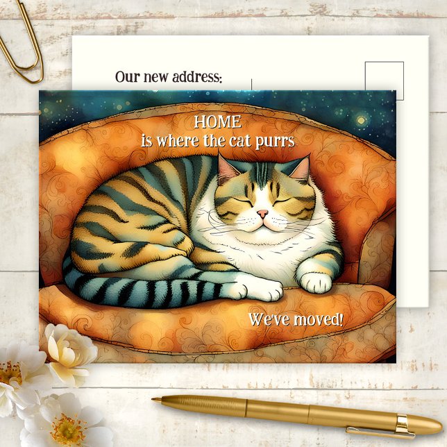 Carte Postale Faire-part Joli Chat qui Déménage Nouvelle Adresse (New address postcard featuring an illustration of a cute kitty dreaming on the couch)