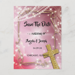 Carte Postale Faire-part Jolie Perle Rose Croix Enregistrer la Date