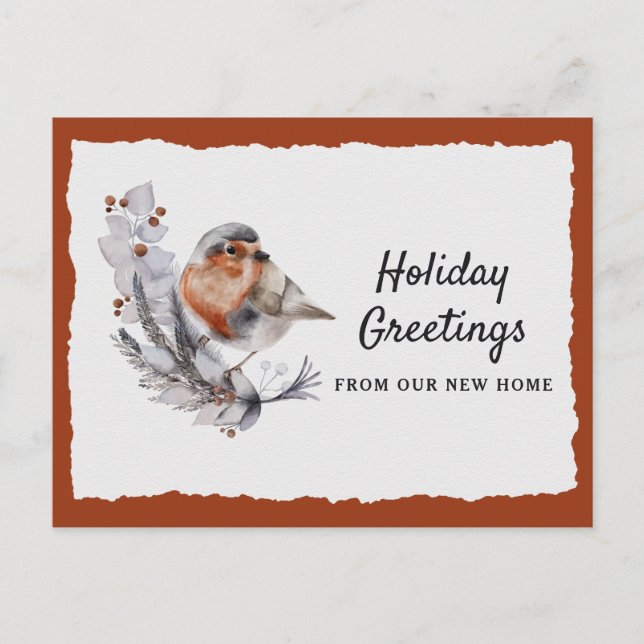 Carte Postale Faire-part Jolie Robin d'hiver Rust Grey Vacances Déménagemen (Devant)