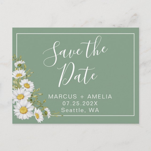 Carte Postale Faire-part Jolies marguerites vert basilic et blanc (Devant)