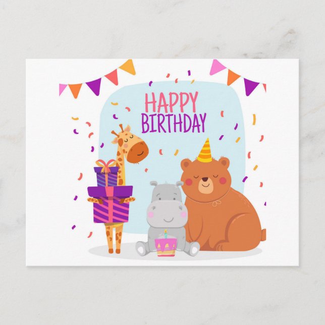 Carte Postale Faire-part Joyeux Anniversaire Animal Illustré (Devant)